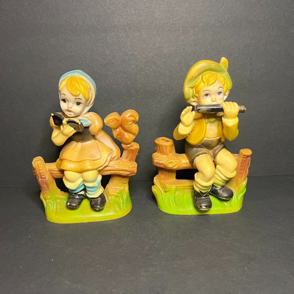 Vintage Set of 2 Plastic Hummel Style Boy & Girl Sitting on Fence Figures 4.5"